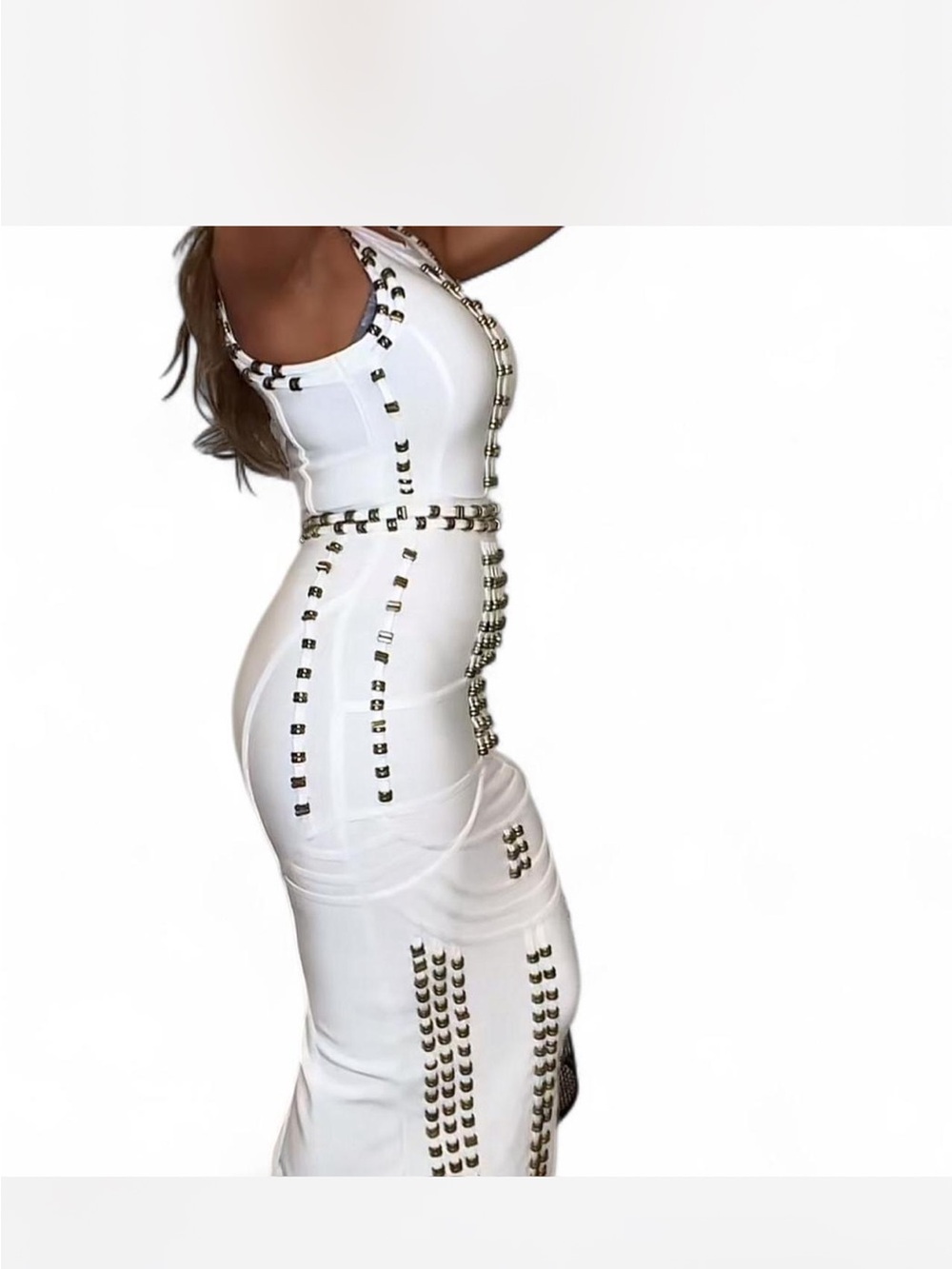White & Gold Studded Bodycon Midi Bandage Dress - Picture 3 of 8